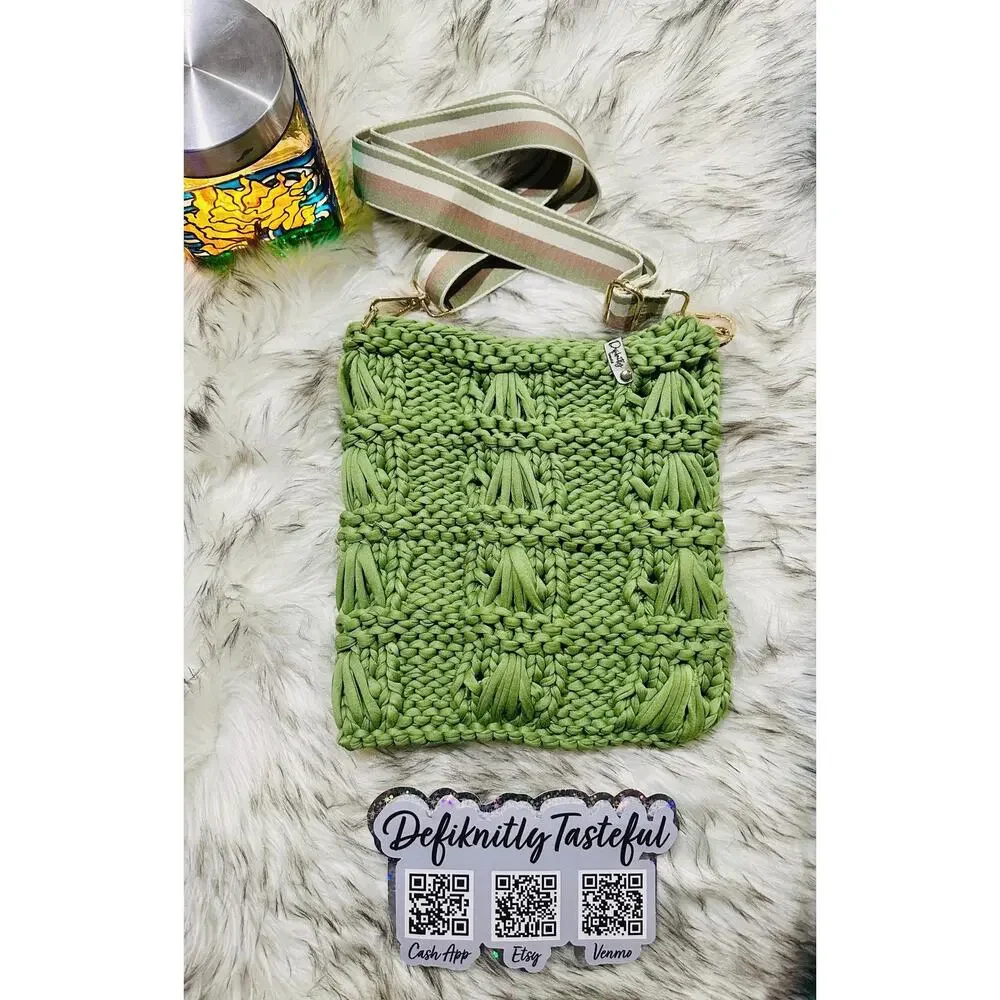 Hand Knit Avocado Green Crossbody Bag: T-Shirt Yarn Purse with Guitar Strap